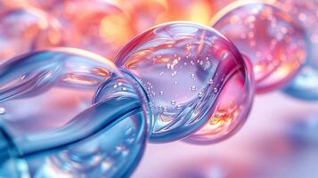 Glass bubbles chain in decor 3d rendering image. Abstract creative object on clear plastic baubles background wallpaper colorful realistic. Geometric style decoration concept idea photo