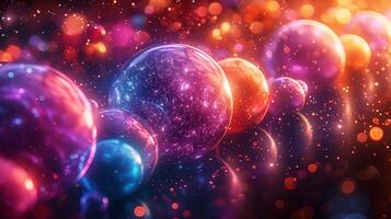Planet parade with bokeh light effect abstract composition 3d rendering image. Vibrant cosmic spheres background wallpaper colorful realistic. Fantastic space concept idea photo
