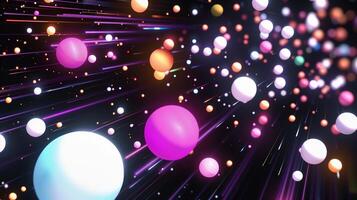 Bright balls flying fast through black space 3d rendering image. Neon planets in cosmos dynamic scene background wallpaper colorful realistic. Scientific model concept idea photo