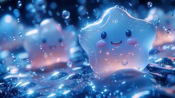 Cute glass star with happy face in falling drops image copy space. Childish character expressing joy banner background blurred. Positive energy radiating concept photography copyspace photo