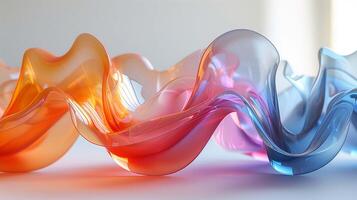 Abstract artwork of wavy glass sheet 3d rendering image. Gradient transparent material used in interior decor background wallpaper colorful realistic. Bright curved plastic concept idea photo
