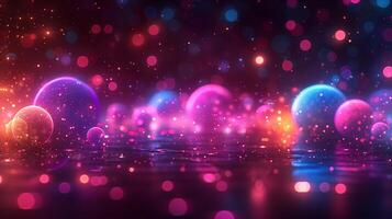 Vibrant spheres with sparks in dark space 3d rendering image. Surreal cosmic scene with celestial bodies background wallpaper colorful realistic. Abstract planets concept idea photo