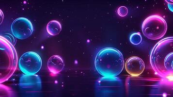 Transparent neon balls in dark space 3d rendering image. Luminescent bubbles floating in air background wallpaper colorful realistic. Dreamlike scene with vibrant colors concept idea photo