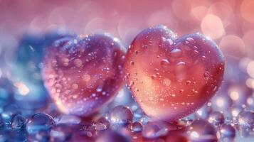 Crystal hearts covered with water drops image copy space. Romantic event decorative elements of glass banner background blurred. Love relationship concept photography copyspace photo