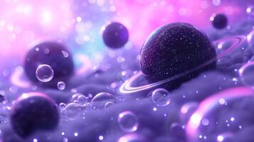 Planets and floating bubbles in space 3d rendering image. Surreal composition with celestial bodies background wallpaper colorful realistic. Cosmos composition concept idea photo