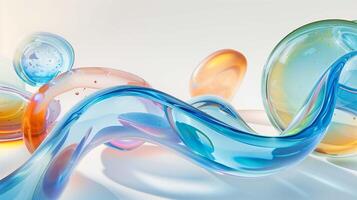 Spiral with drops of multicolor plastic composition 3d rendering image. Abstract glass geometric shapes background wallpaper colorful realistic. Creative artwork concept idea photo