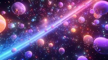 Dynamic space scene with neon colors 3d rendering image. Bright planets in dark cosmos background wallpaper colorful realistic. Shimmering galaxy landscape in motion concept idea photo