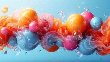 Vivid dynamic fluid with balls and air bubbles scene 3d rendering image. Swirling paint flow with round details background wallpaper colorful realistic. Surrealism concept idea photo