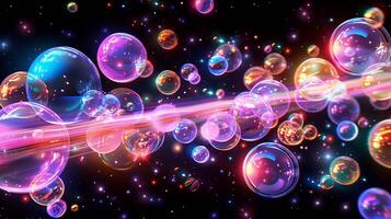 Bubbles and light rays in space 3d rendering image. Surreal scene with air balloons in cosmos background wallpaper colorful realistic. Creating new world with imagination concept idea photo