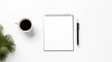 Organized workspace with coffee cup, notepad mockup and pen. Top view of green leaves, office essentials template advertising image. Calm minimalist style mock up product photorealistic photo