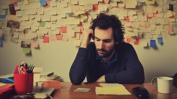 Thoughtful man with wall of sticky notes image. Office worker with pensive expression sits at desk photography scene wallpaper. Work stress. Project planning concept photorealistic photo