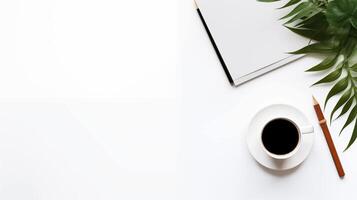 Elegant workspace with coffee cup, notebook mockup and greenery. Work environment aesthetics template advertising image. Office supplies. Writing tools mock up product photorealistic photo