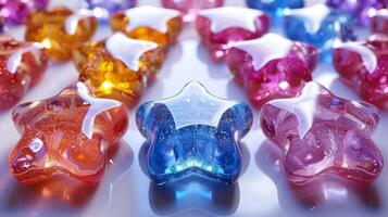 Shiny multicolor star shaped beads rows closeup image. Handmade bijouterie crafting with glass details close up photography. Glossy crystals collection concept photo realistic