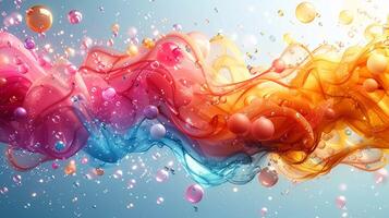 Explosion of fluid paint with air bubbles 3d rendering image. Swirling gradient flow with drops background wallpaper colorful realistic. Creativity expression concept idea photo