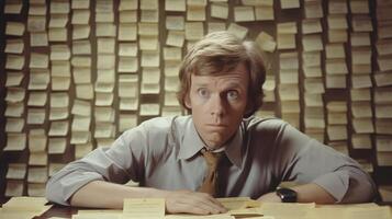 Retro overwhelmed man surrounded by sticky notes image. Office worker wide-eyed expression conveys stress and confusion photography. Burden of excessive tasks concept photorealistic photo