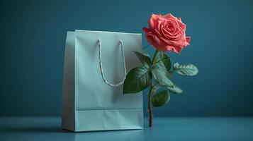 Coral rose and white paper bag mockup on teal background. Visually balanced serene gift. Floral paperbag template advertising image. Valentine day mock up product photorealistic photo