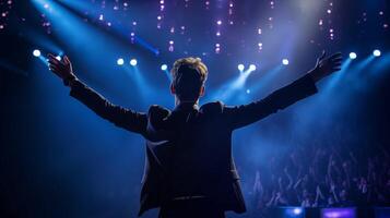 Dynamic performer on stage under blue spotlights image. Speaker with arms outstretched in dramatic lighting photography scene. Excitement and energy concept photorealistic photo