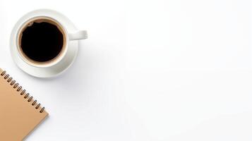 Minimal coffee break with notepad mockup on white background. Coffeecup, office supplies template advertising image. Elegant simplicity. Minimalist composition mock up photorealistic photo