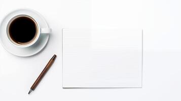 Clean and minimal writing setup mockup with coffee on white background. Flat lay of white notepad template advertising image. Coffeecup. Productivity, simplicity mock up photorealistic photo