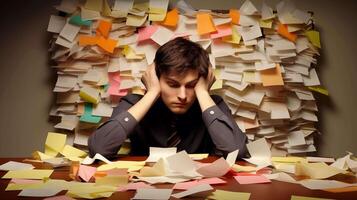 Young man overwhelmed by sticky notes and papers at office desk image. Exhausted employee with head in hands photography scene wallpaper. Cluttered workspace concept photorealistic photo