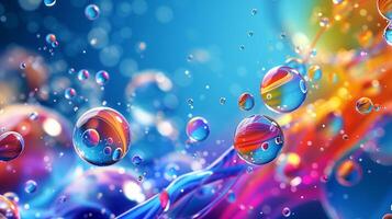 Splashing fluid flow with rainbow drops 3d rendering image. Air bubbles in liquid stream background wallpaper colorful realistic. Freshness and dynamic expression concept idea photo