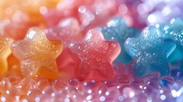 Colorful star shaped gummy candies on display closeup image. Natural fruit confectionery for gourmets close up photography. Organic jelly snacks collection concept photo realistic
