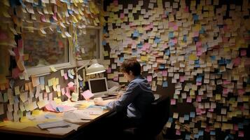 Office worker sits at desk in room covered wall-to-wall with sticky notes image. Cluttered workspace photography scene wallpaper. Overwhelming workload concept photorealistic photo