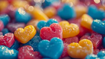 Hard candies of heart shapes heap closeup image. Romantic bonbons on confectionery shop display close up photography. Passion and romantics expression concept photo realistic