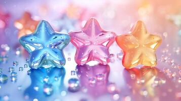 Shiny plastic stars with clear drops 3d rendering image. Multicolor glass items representing high rate background wallpaper colorful realistic. Decoration style concept idea photo