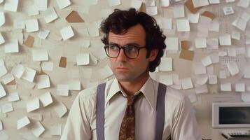 Thoughtful professional with sticky notes background image. Man in glasses and office attire against post-it notes photography scene wallpaper. Brainstorming concept photorealistic photo