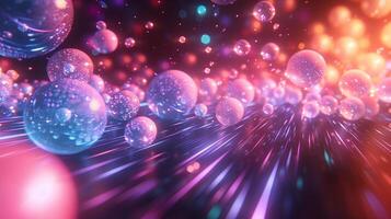 Shiny spheres and streaks of vibrant light 3d rendering image. Futuristic outer space scene background wallpaper colorful realistic. Motion thought cosmos fantasy concept idea photo
