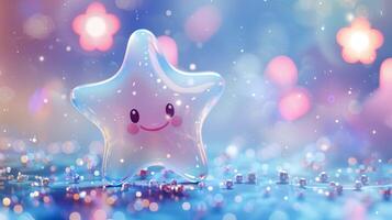 Funny little star with smile on face image copy space. Childish character and scattered beads banner background blurred. Joy and happiness feelings concept photography copyspace photo