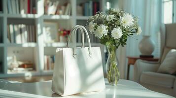 Sophisticated white handbag displayed beside glass vase of fresh chamomiles. Luxury bag template image. Soft sunlight filters through bright room with bookshelf. Accessory mock up photo