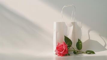 White paper bag mockup with pink rose on minimalist background. Peaceful elegant composition. Romantic paperbag template advertising image. Valentine day mock up product photorealistic photo