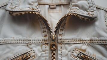 Detailed closeup of weathered jacket zipper image. Highlighting metallic elements and aged fabric close up photography. Worn quality of clothing hardware concept photo realistic