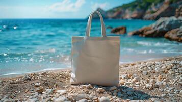 Canvas tote bag mockup on pebbled beach by blue ocean. Clear turquoise water behind totebag template advertising image. Bright serene coastal setting mock up product photorealistic photo
