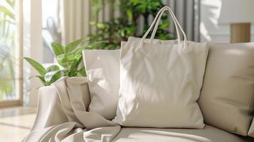 Canvas tote bag mockup on beige sofa with cozy blanket. Surrounded by plants and natural light totebag template advertising image. Comfortable home mock up product photorealistic photo