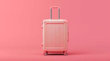 Stylish pastel suitcase mockup showcased against soft pink background. Elegant modern design luggage template advertising image. Harmonious visual mock up product photorealistic photo