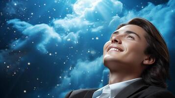 Dreamy businessman smiling under starry sky image copy space. Corporate dreams man gazes upward banner background blurred. Inspiration and limitless possibilities concept copyspace photo