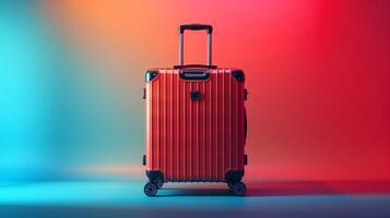 Red suitcase with sturdy black corners stands against gradient background. Modern design, durable wheels luggage template advertising image. Travel accessory mock up photorealistic photo