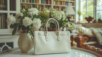 Classic white handbag mockup with lush white peonies vase. Luxury bag template advertising image. Cozy sophisticated room bookshelves. Scholarly charm accessory mock up photorealistic photo