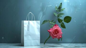 White paper bag mockup with pink rose on blue textured wall. Dynamic still life composition. Paperbag template advertising image. Decorative simplicity flower. Valentine day mock up photo