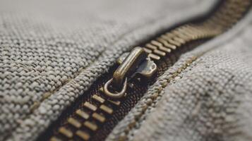 Closeup vintage brass zipper on rugged woven canvas fabric image. Worn texture of zipper teeth close up photography. Durability and craftsmanship of material concept photo realistic