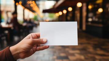 Hand holds blank card in focus while walking down city street bokeh lights. Cafe outdoor ambiance. Message card template advertising image. Branding design mock up product photorealistic photo