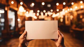 Two hands hold blank card mockup against blurred bokeh lights. Evening atmosphere. Business card template advertising image. Festive mood. Invitation mock up product photorealistic photo