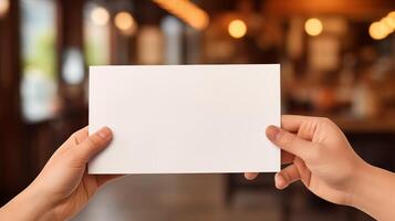 Two hands holding blank card mockup in warmly lit cafe with blurred backdrop. Coffeeshop interior. Business presentation template advertising image. Cozy mock up product photorealistic photo