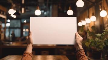 Hands holding blank card mockup with ambient lighting in cafe. Restaurant branding template advertising image. Warm atmosphere with hanging lights mock up product photorealistic photo