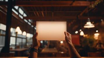 Hands holding blank card mockup in industrial cafe setting. Hanging lights wooden beams. Pub bar promotional material template advertising image. Menu design mock up photorealistic photo