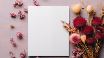 Blank card mockup surrounded by dried wildflowers on pink background. Floral blooms invitation template advertising image. Rustic aesthetics. Autumn decor mock up product photorealistic photo