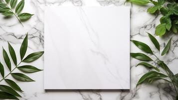 Blank white canvas mockup with green leaves on marble background. Simple elegant design template advertising image. Natural elements and clean lines mock up product photorealistic photo